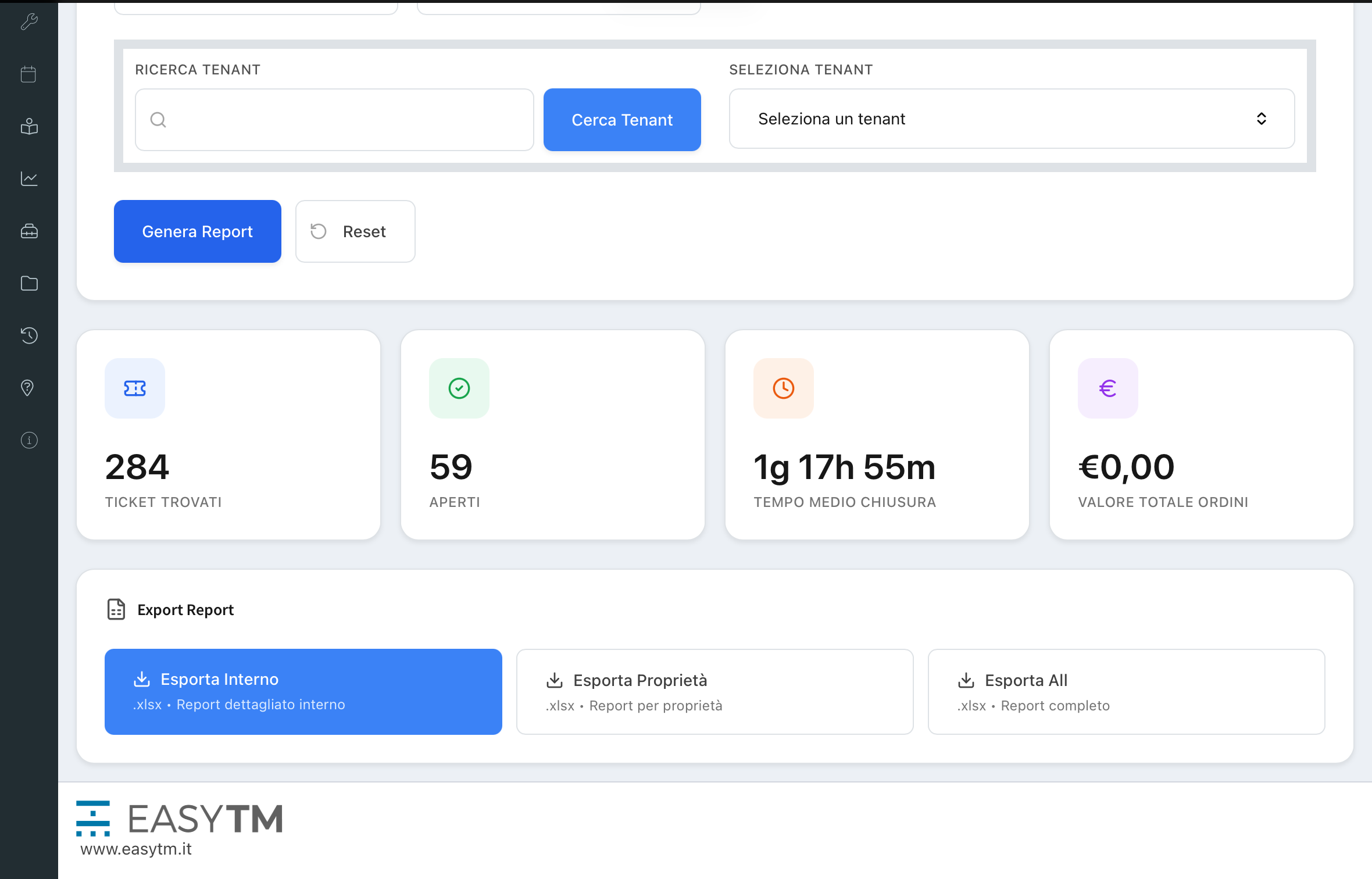 EASYTM: report operativo con ticket, tempi di chiusura ed export